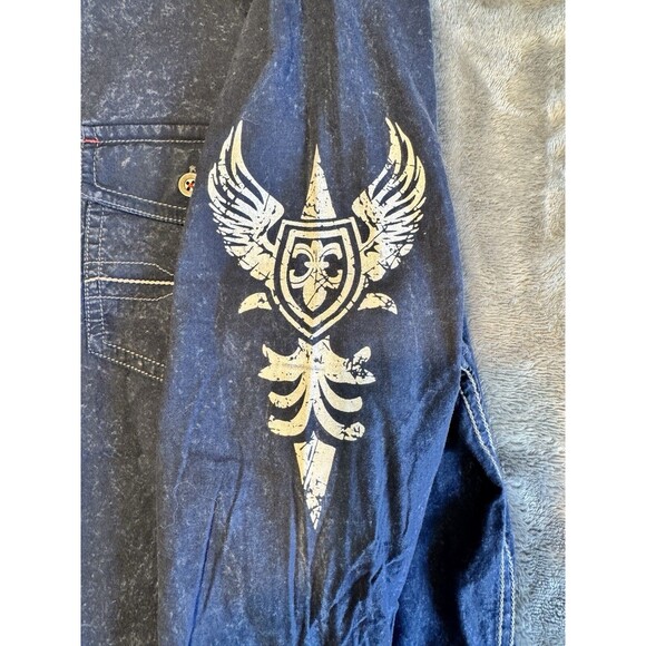 TRANQUILITY AND MAYHEM Men's Large Shirt Blue Pockets Rebels Graphic - Picture 7 of 12